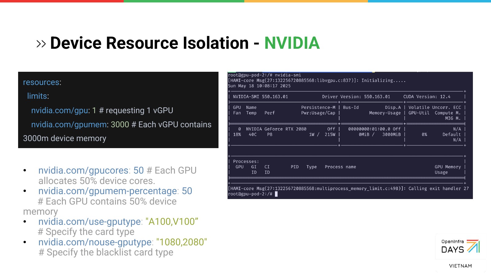 Device resource isolation: memory, cores and card type in one request