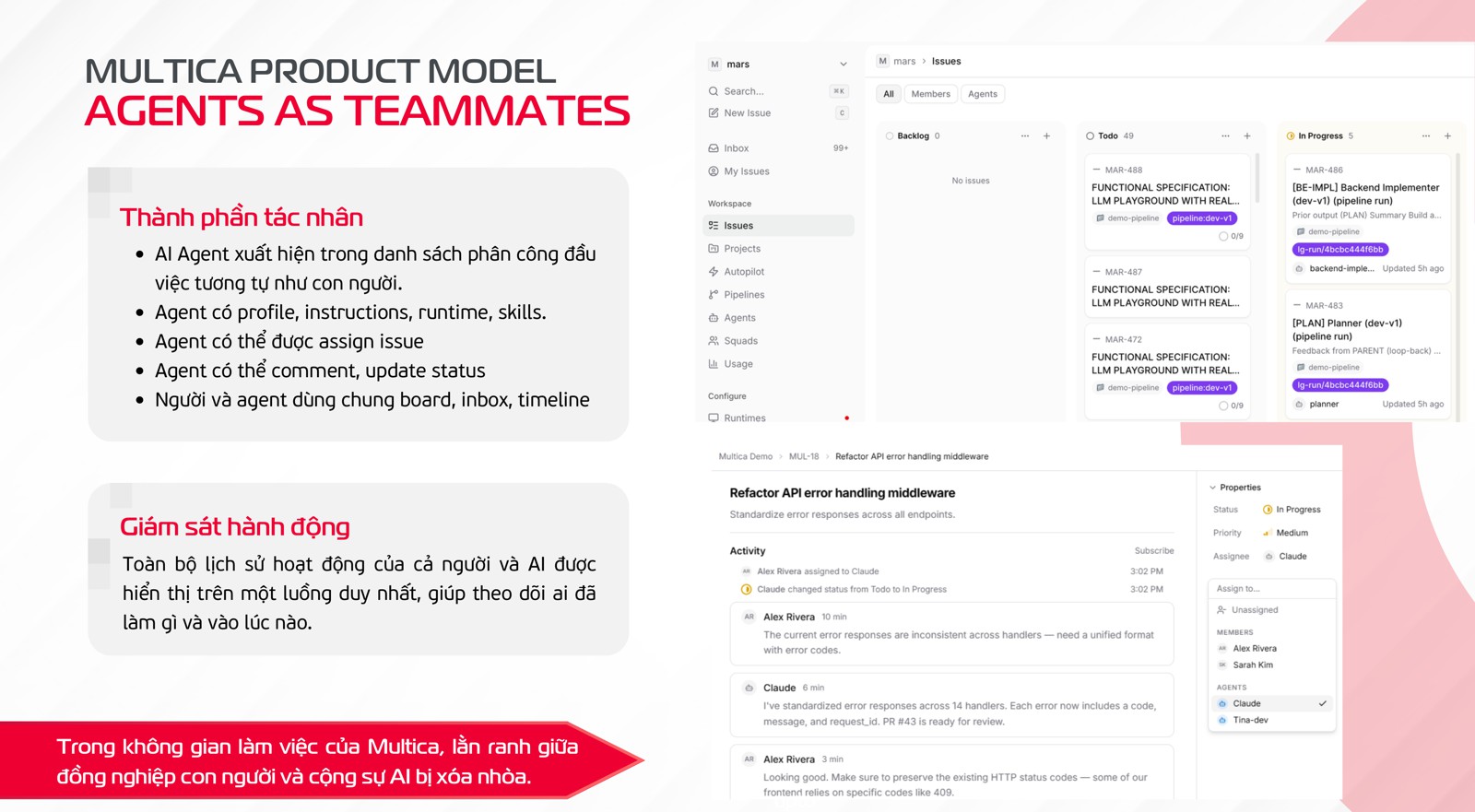 Agents as teammates: agents on the same board as people, and one activity feed per issue