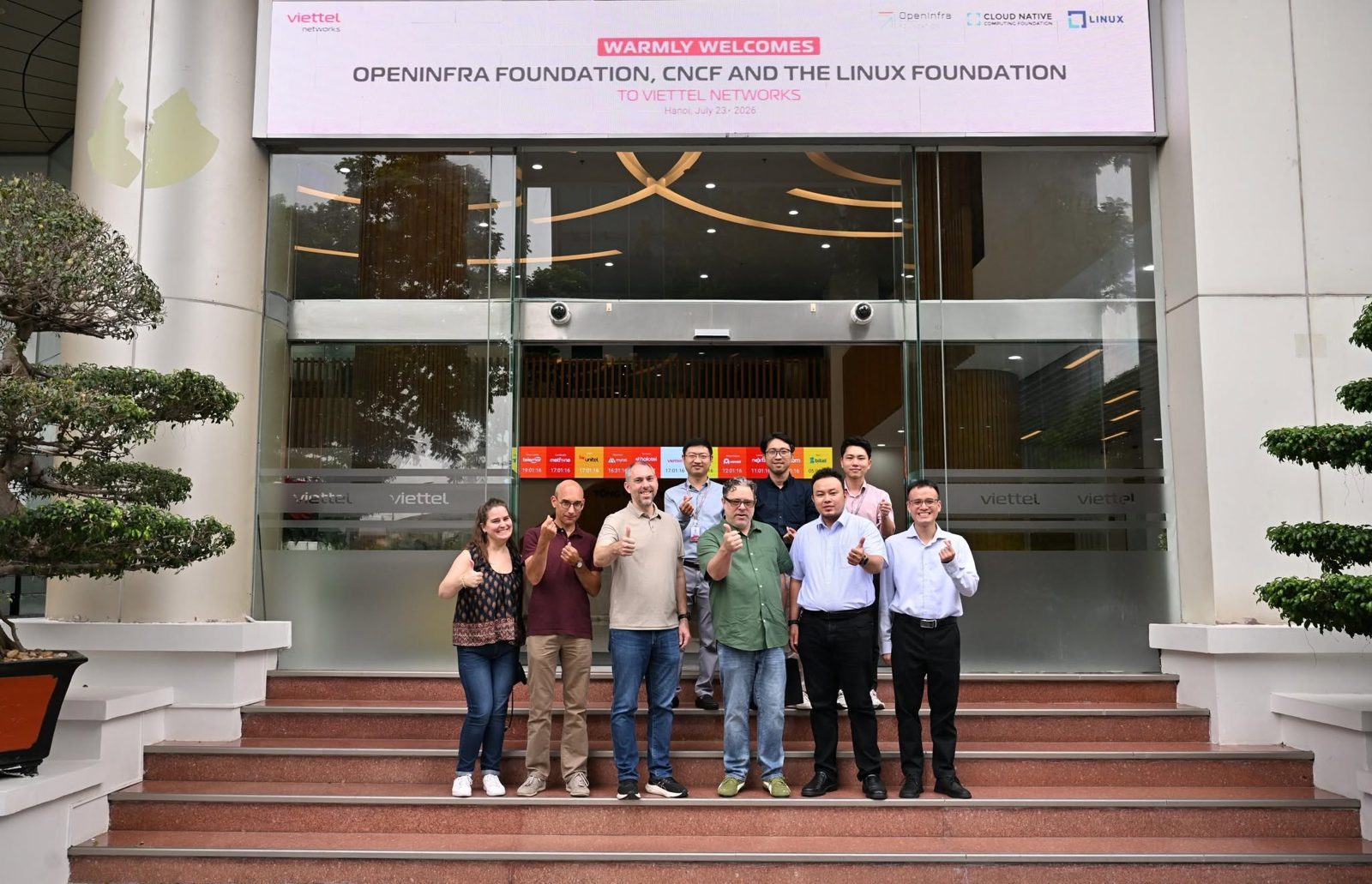 Welcome banner for the OpenInfra Foundation, CNCF and the Linux Foundation at Viettel Networks, Hanoi, 23 July 2026