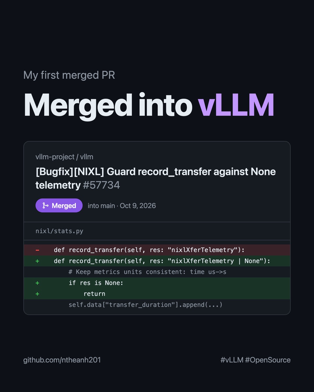 PR #57734 merged into vLLM: guard record_transfer against None telemetry