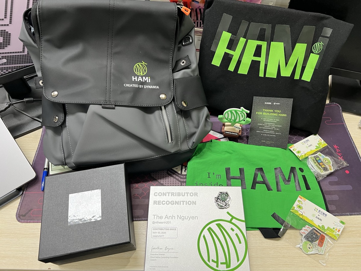 The HAMi Contributor Recognition box: certificate, backpack, T-shirts and stickers